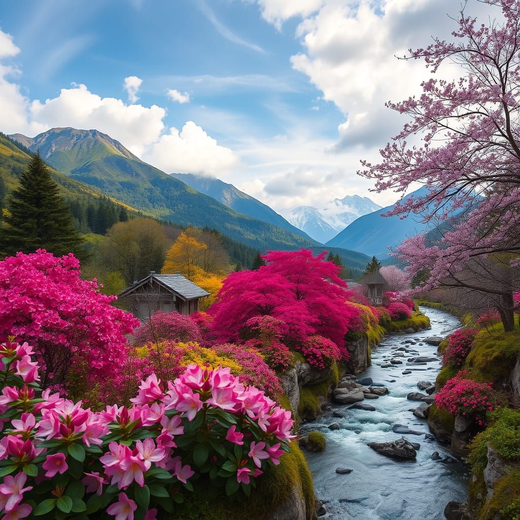 Vibrant Spring Mountain Landscape with Explosive Floral Colo...