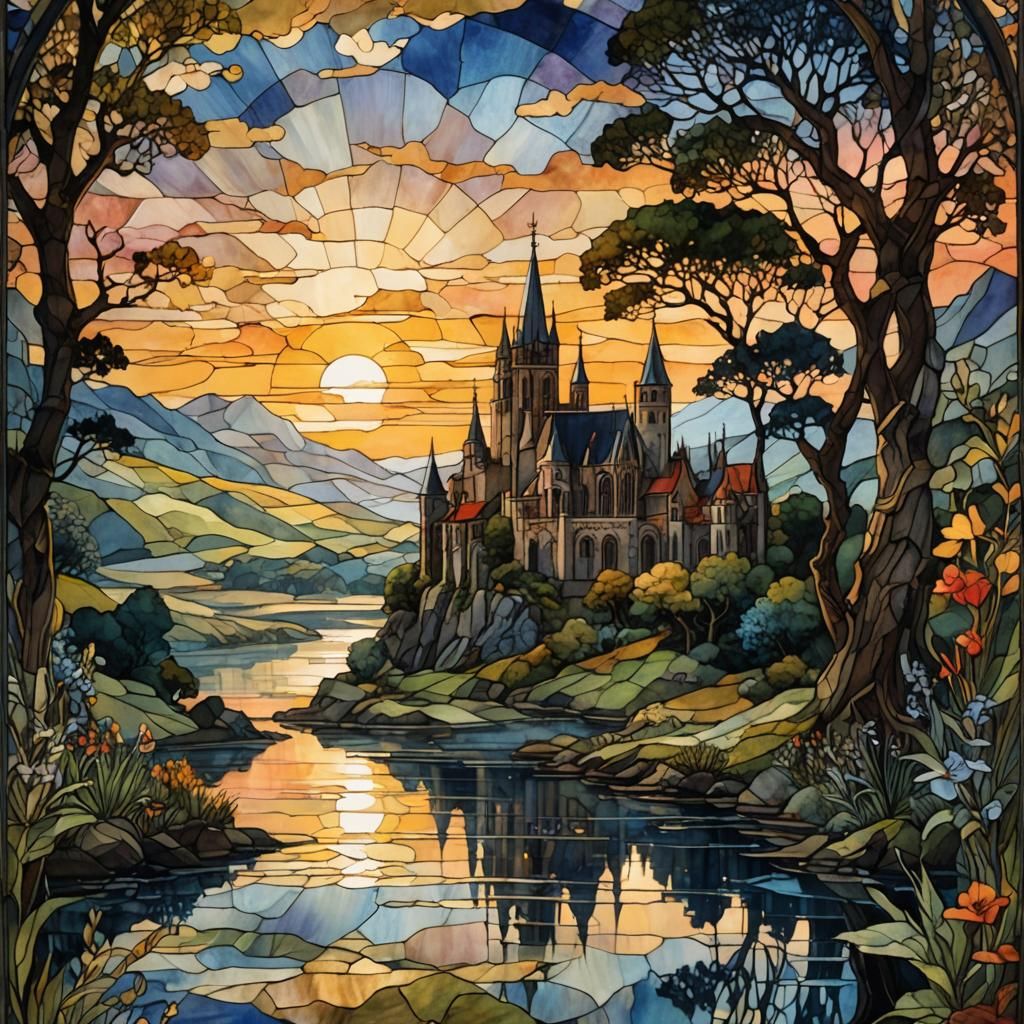Medieval Fantasy Sunset in Stained Glass Style