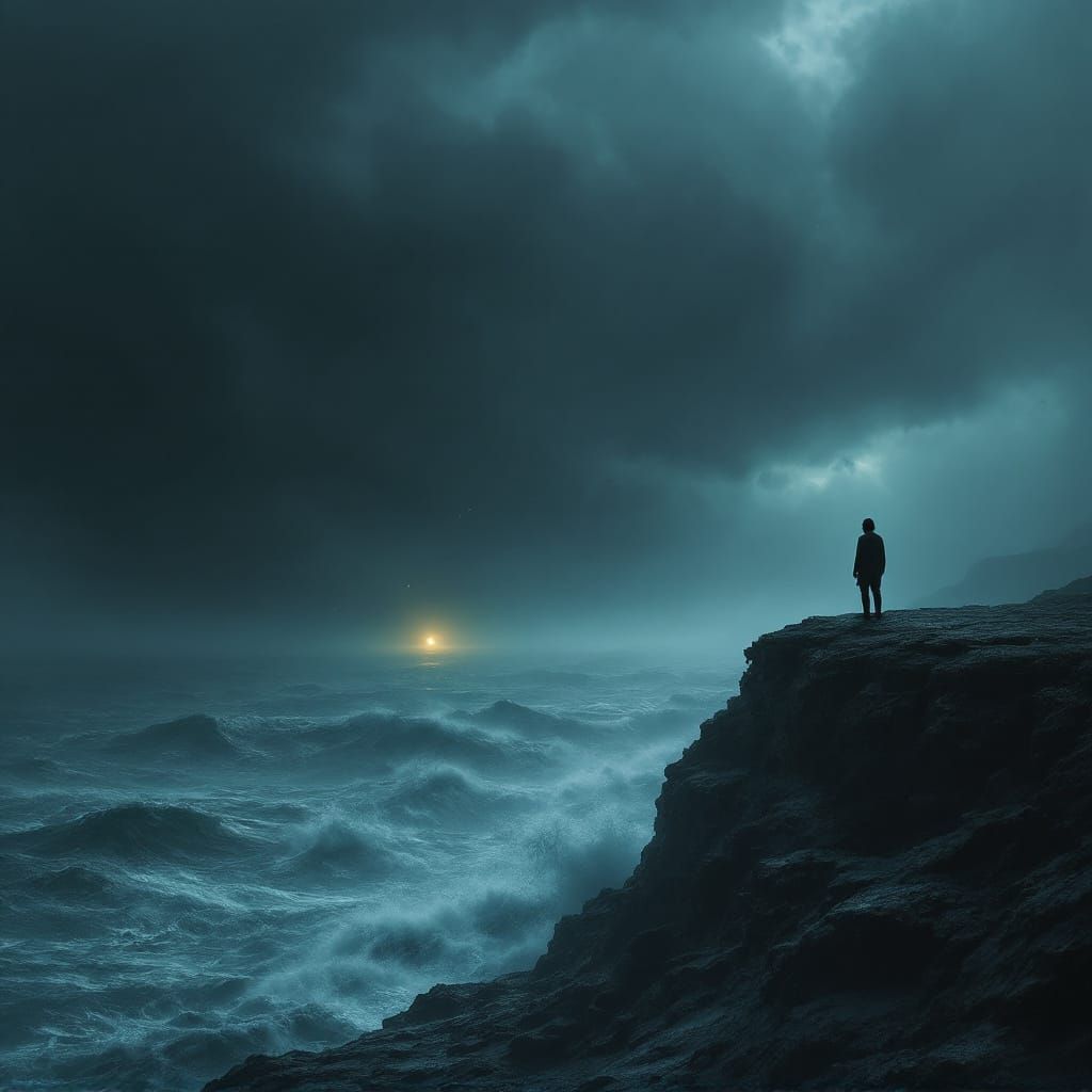 Desolate Cliffside Figure Gazing at Stormy Sea