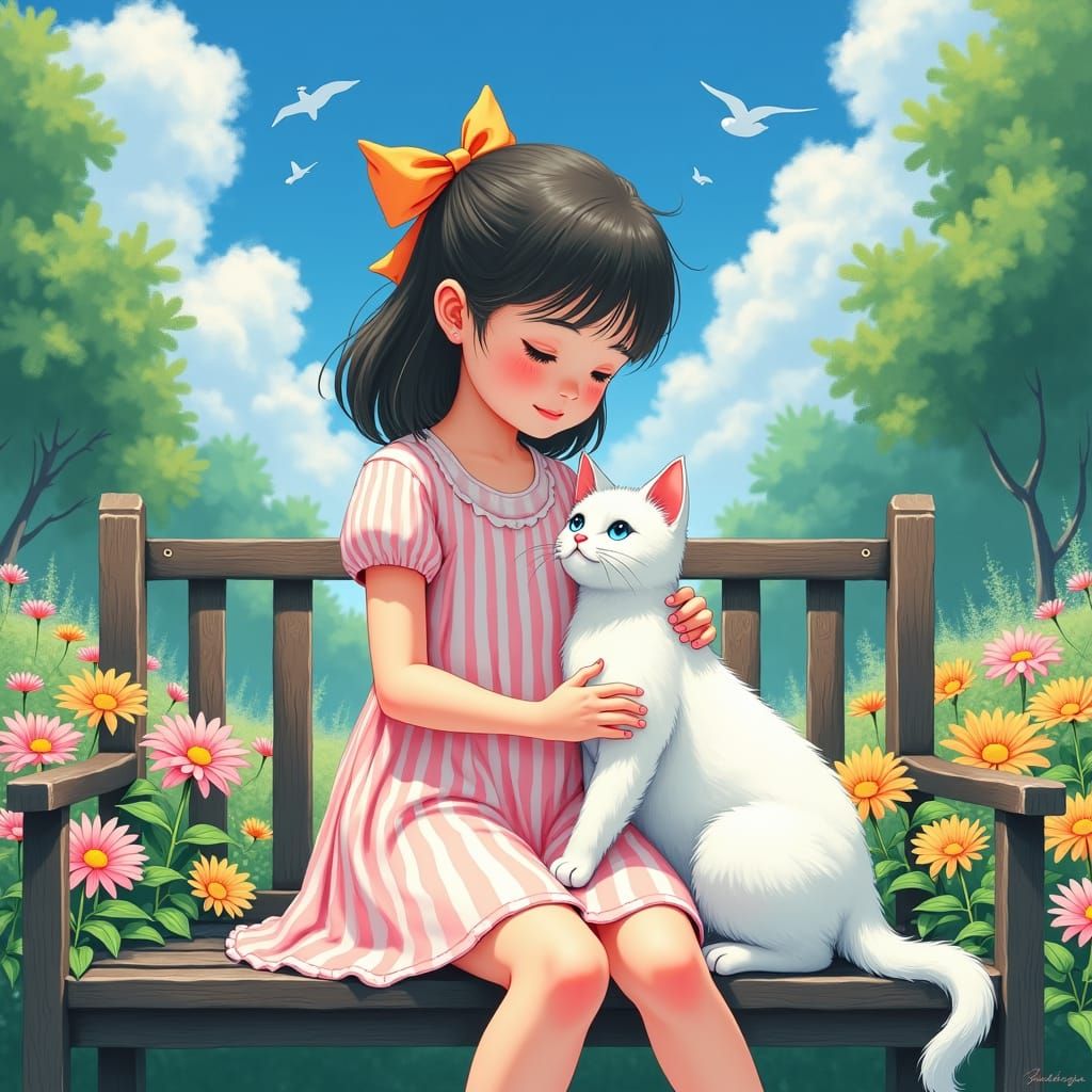 Girl and White Kitty in Blooming Impressionist Garden