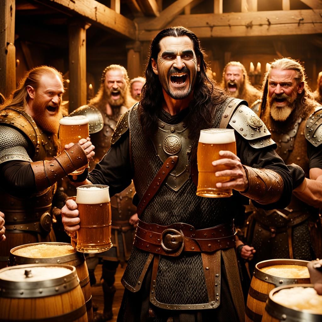 Vikings Celebrate in Mead Hall: Cinematic Film Still