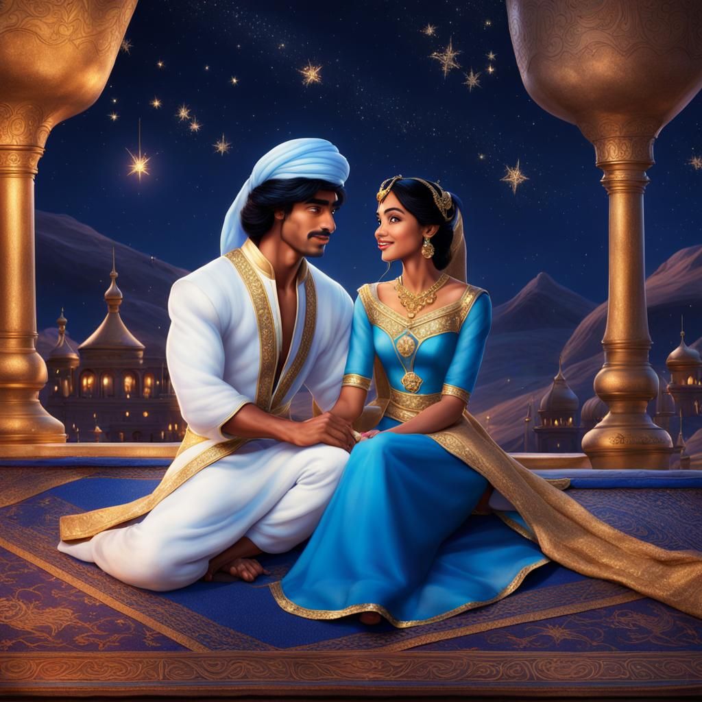 Aladdin and Jasmine on Magic Carpet, Hyperrealistic Disney A...