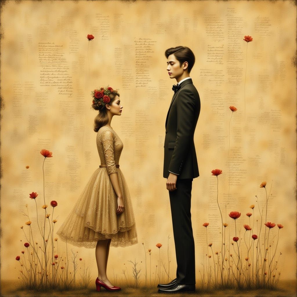 Nostalgic Couple in Sepia-Toned Whimsical Style