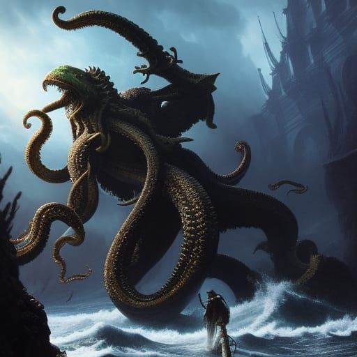 Kraken vs Cthulhu in Dramatic Photorealistic Style