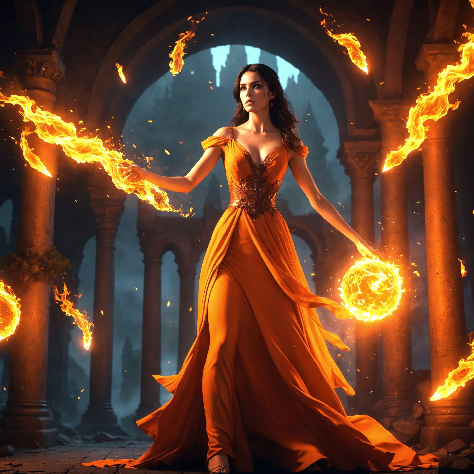 Brunette Fire Dancer in Fantasy Art Style