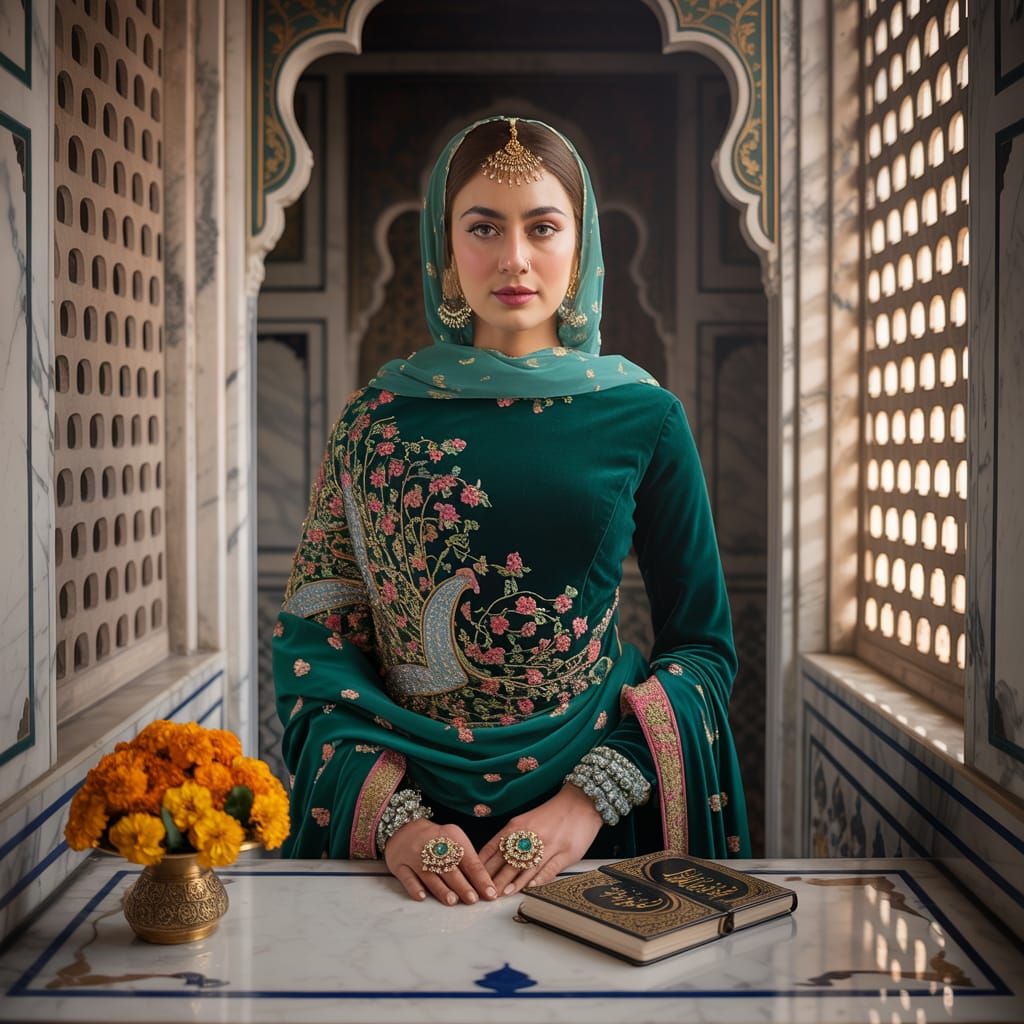 Regal Mughal Woman in Emerald Velvet, Miniature Art Style