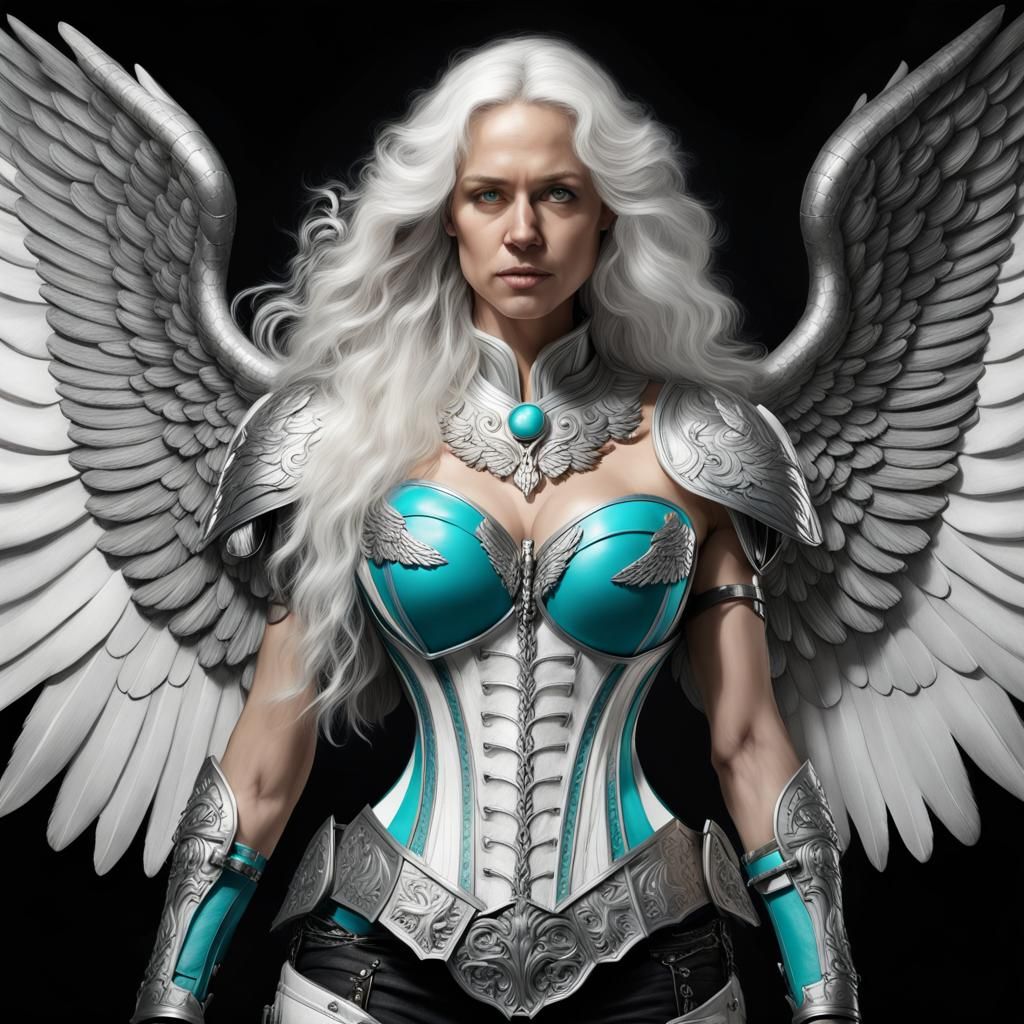 Archangel in Leather Corset: Hyperdetailed Charcoal Sketch