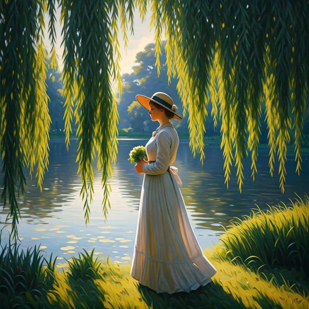 Woman by Willow Lake in Impressionist Style