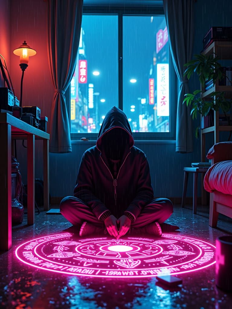 Cyberpunk Chaos Magician in Neon Tokyo Apartment