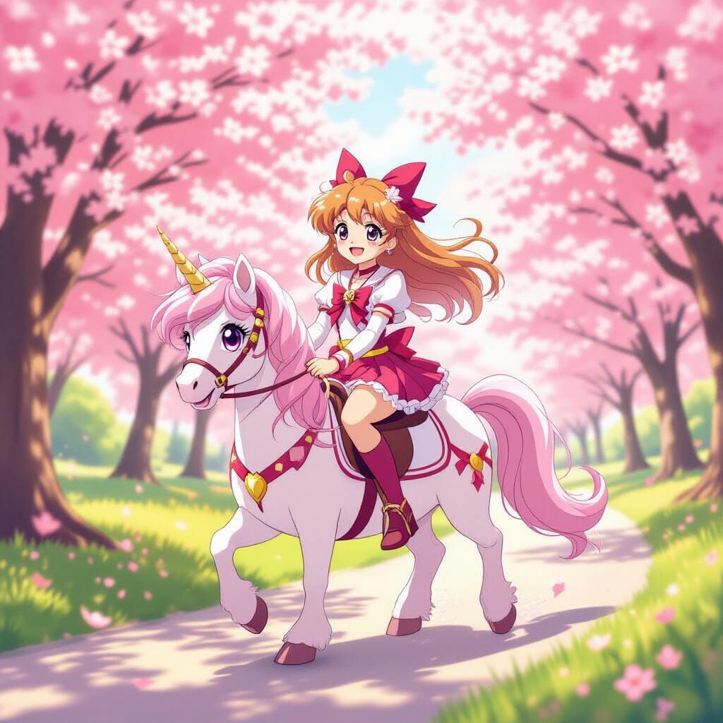 Sakura Kinomoto Rides a Pink Pony in Cherry Blossom Park