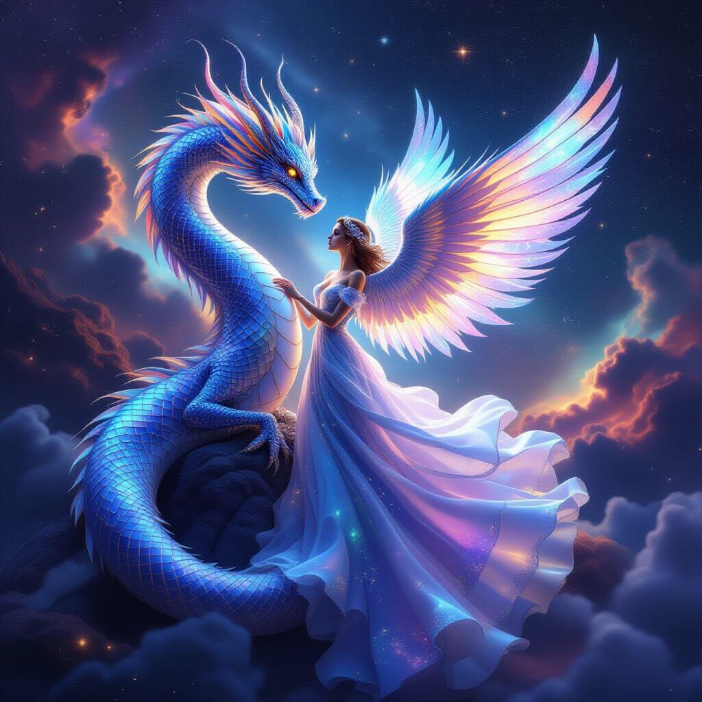 Celestial Dragon and Angel in Cosmic Expanse
