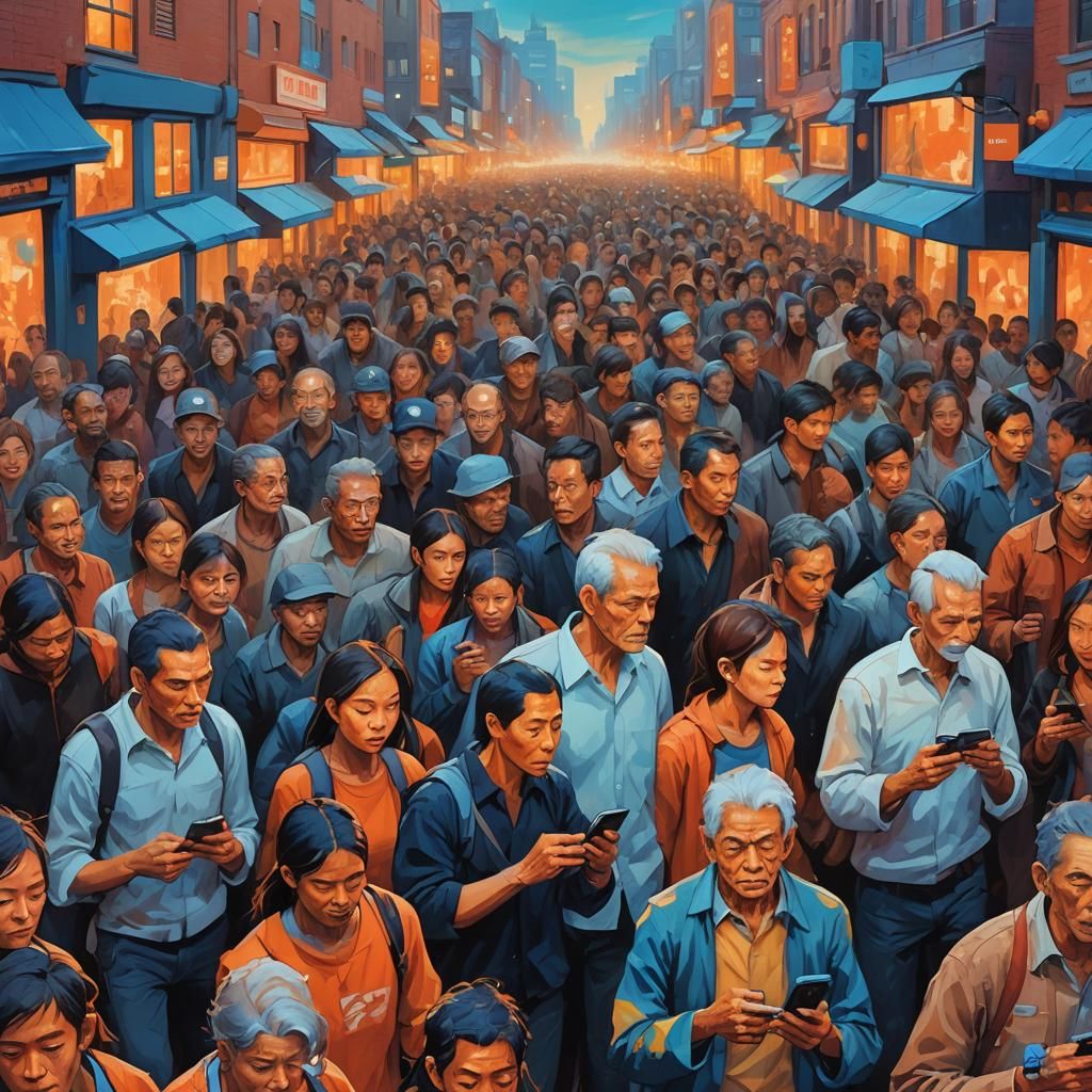 City of Phone Addicts: Vibrant Oil Painting