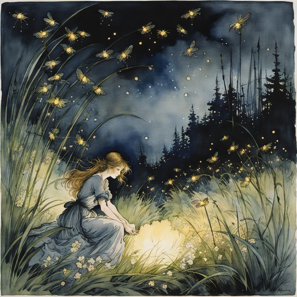 Woman Surrounded by Fireflies in Ink Wash Style