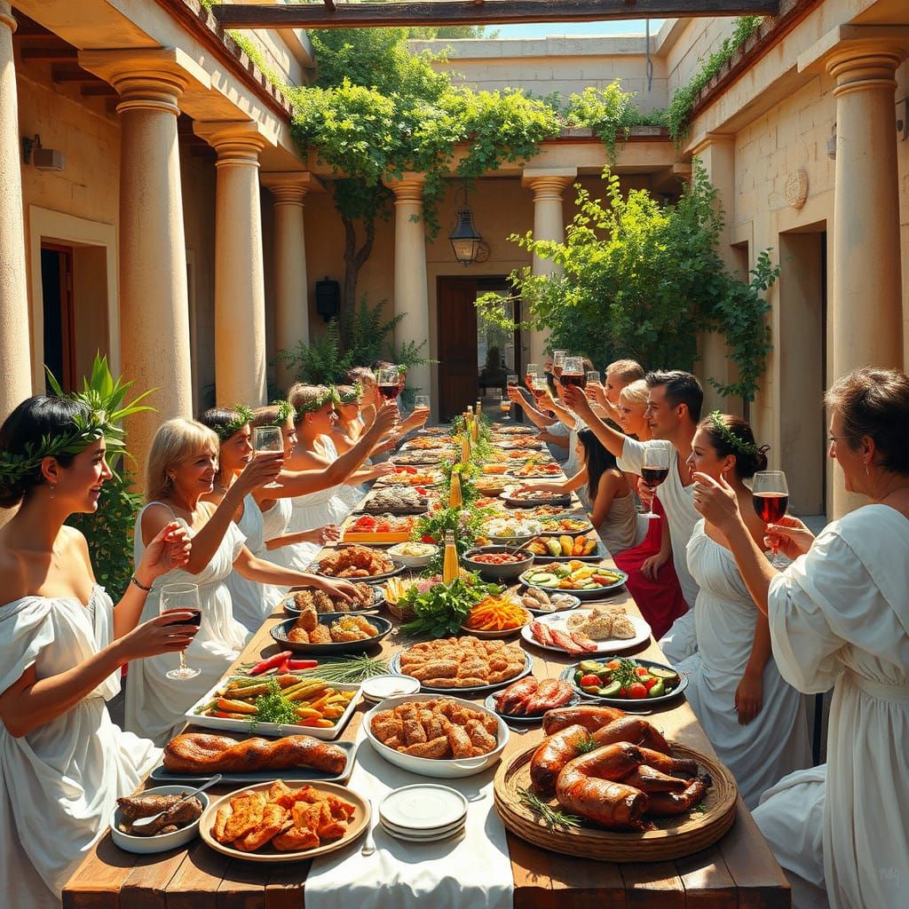 Joyful Greek Feast in Vibrant Impressionistic Style