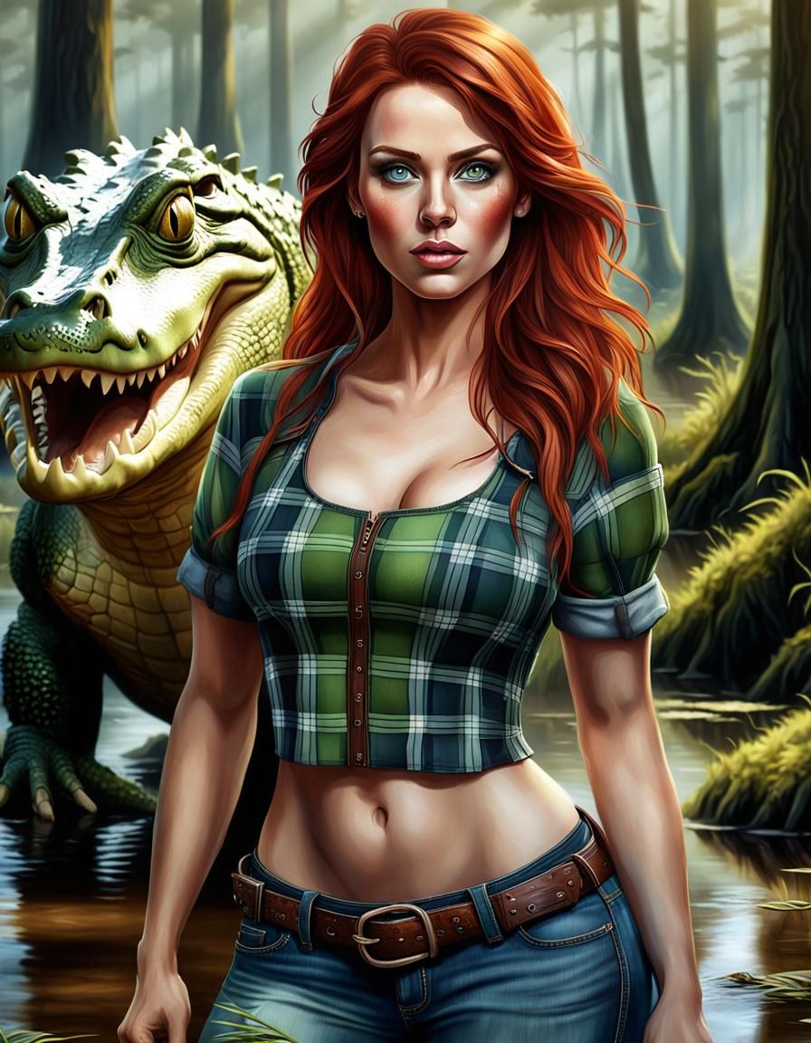 White Woman in Cypress Swamp, Hyperrealistic Painting