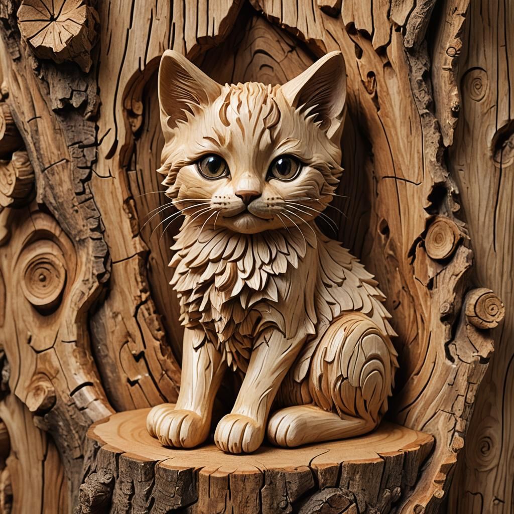 Detailed Wood Carving of Kitten on Stump
