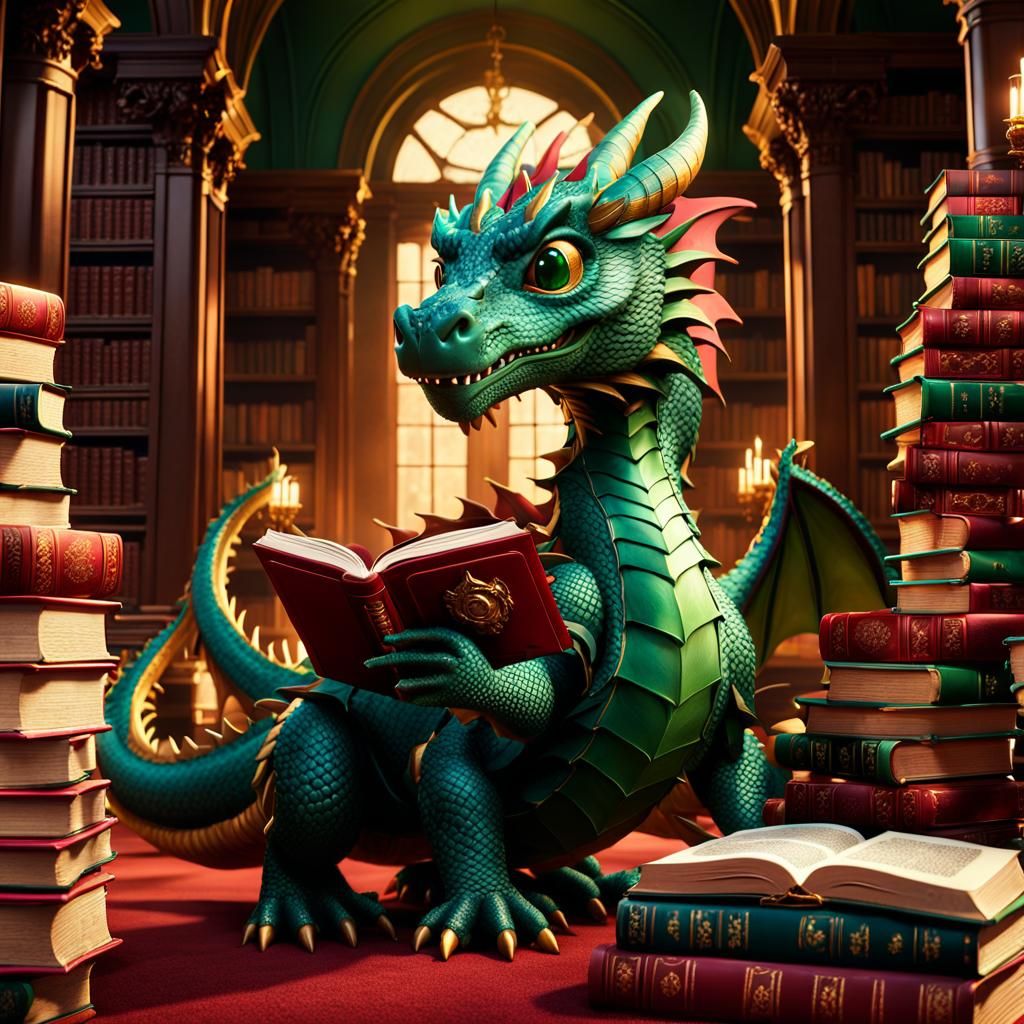Bookworm Dragon in Ornate Library: Fantasy Concept Art