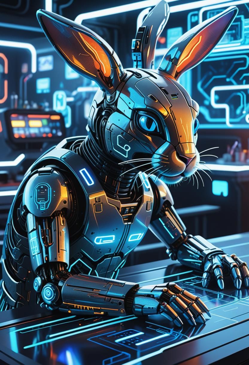 Cybernetic Bunny Portrait in Cyberpunk Style