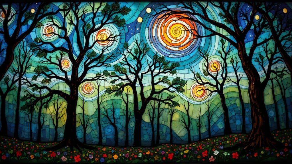 Stained Glass Forest Under Nebula Sky