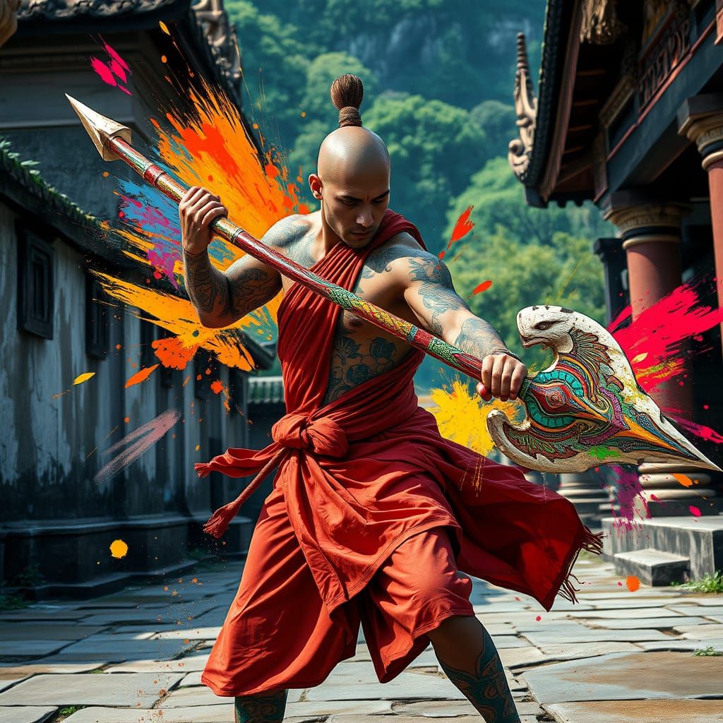 Cyberpunk Warrior Monk in Dynamic Motion