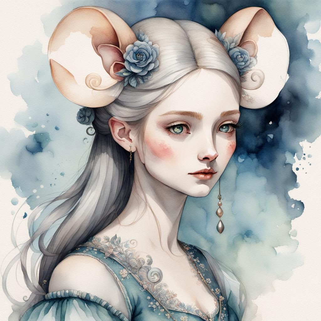 Magical Mouse-Girl Portrait in Watercolor Style