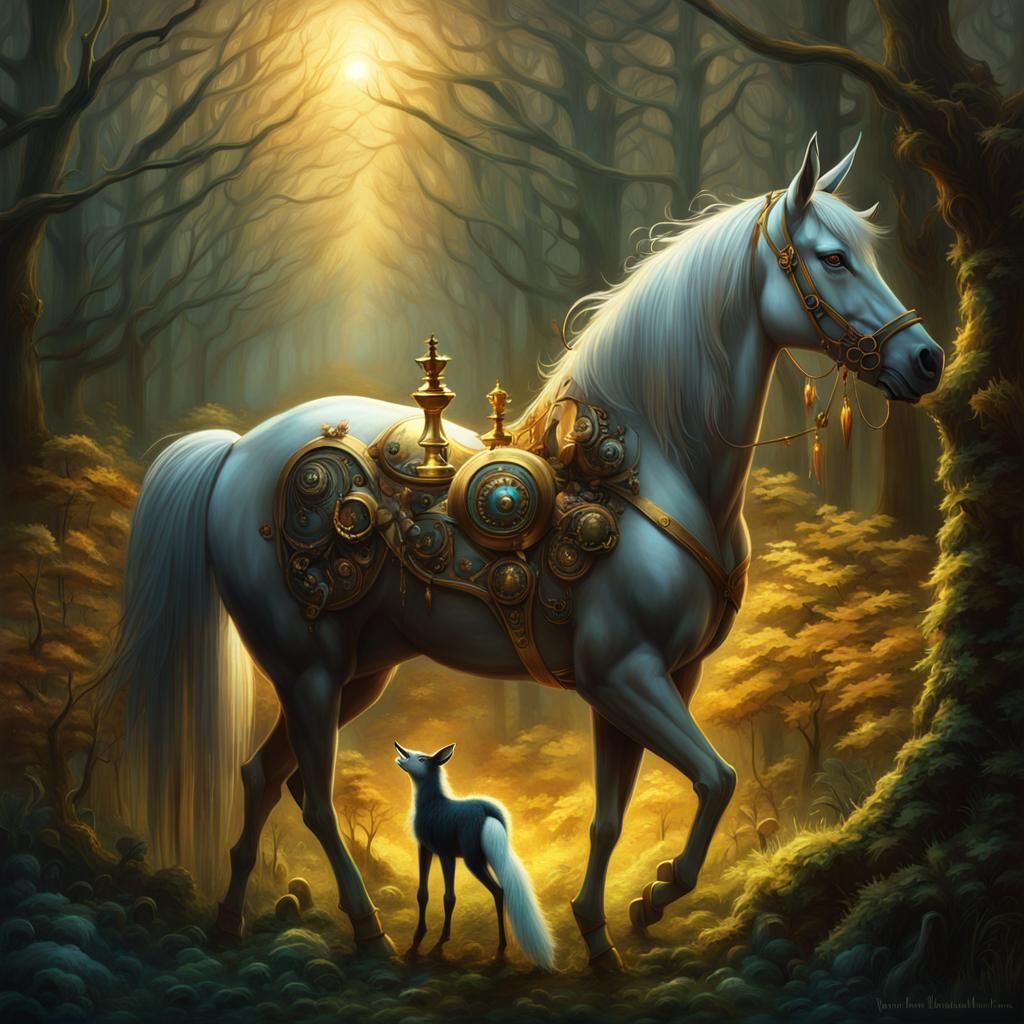 Surreal Steampunk Horse and Wendigo in Forest Clearing