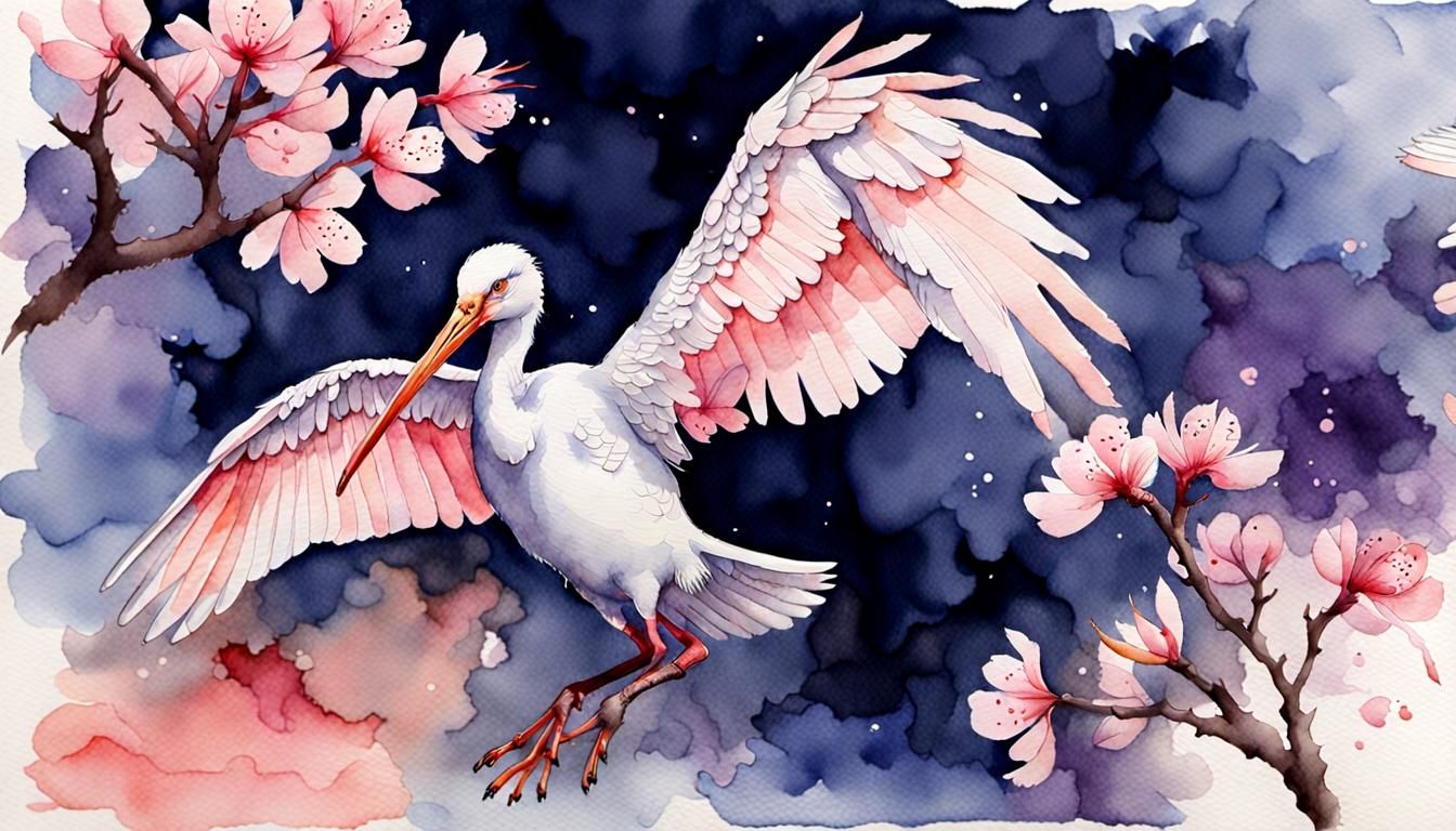 Ibis and Sakura in Watercolor Chiaroscuro