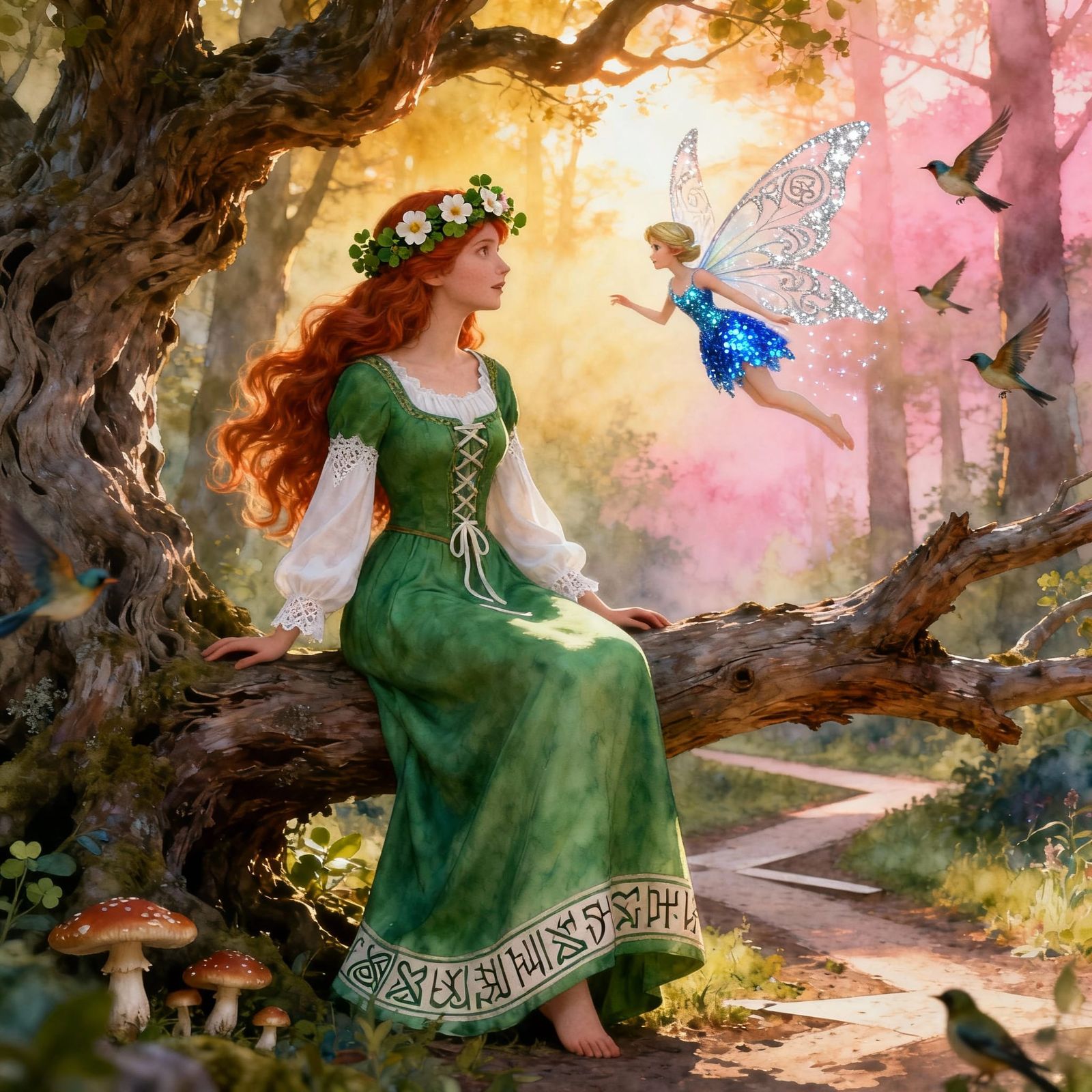 Celtic Goddess Brigid & Fairy Conversing Under Old Tree