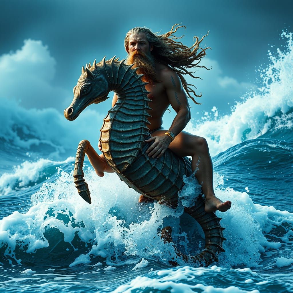 Poseidon Rises from the Sea on Seahorse