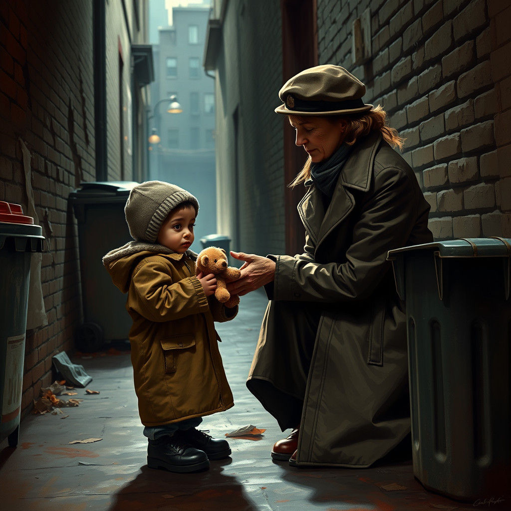 Compassionate Woman Offers Comfort in Urban Alleyway