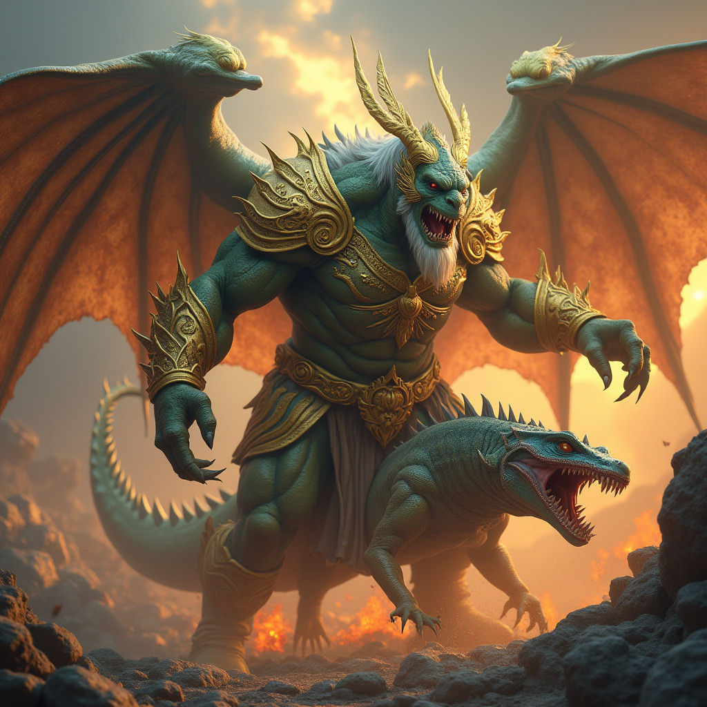 Ogre Angel Battles Lizard Demon in a Fiery Landscape
