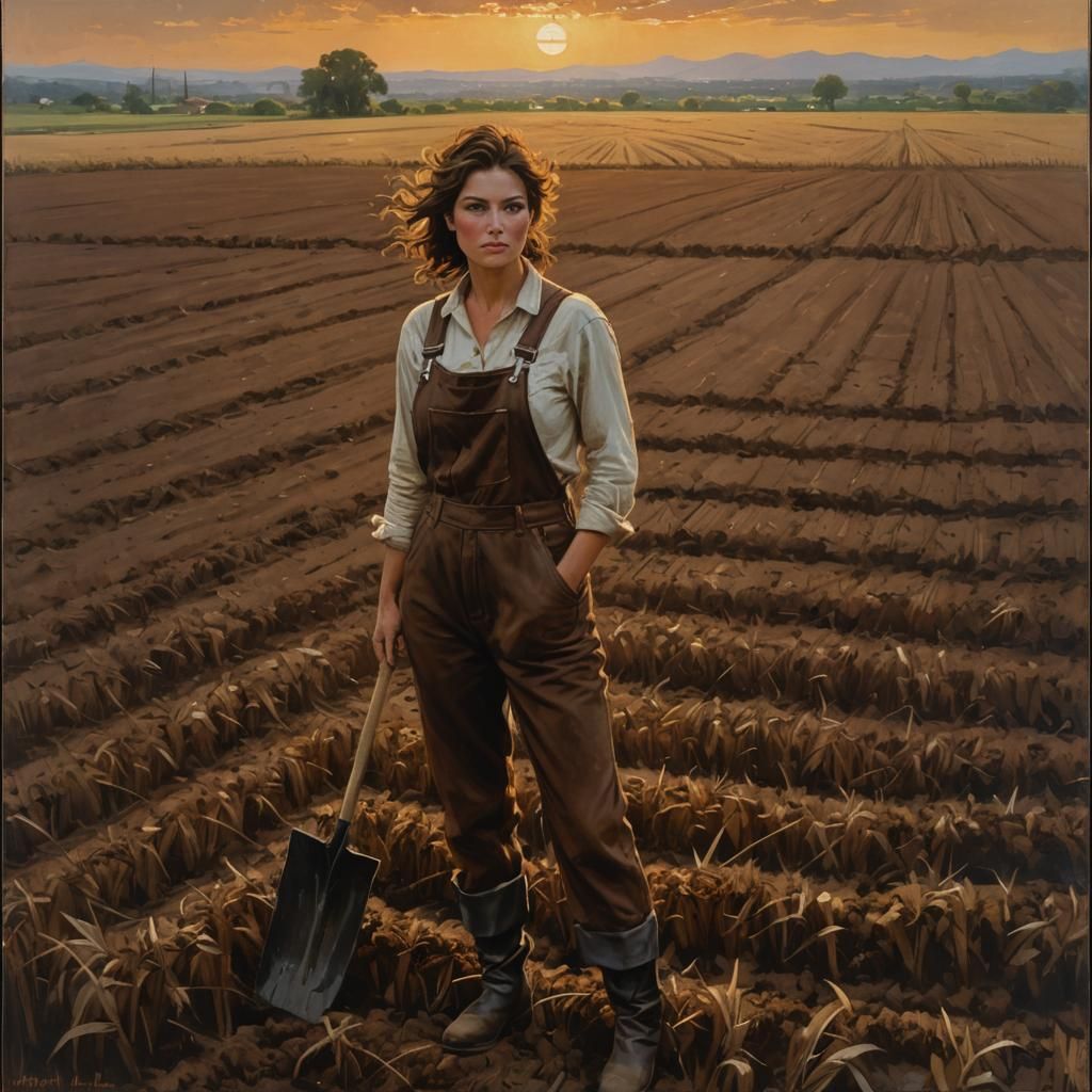 Female Farmer in Field: Impasto Oil Painting