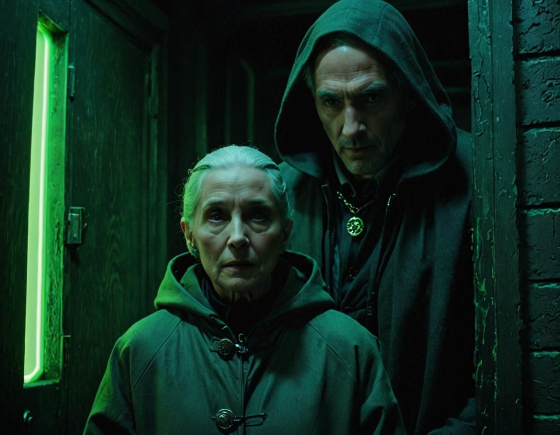 Futuristic Film Still: Green Man and Woman in Metallic Room