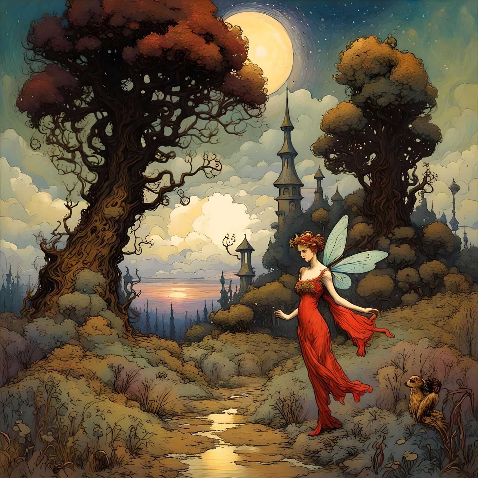 Fantasy fairy landscape, intense color, arthur rackham, pino...