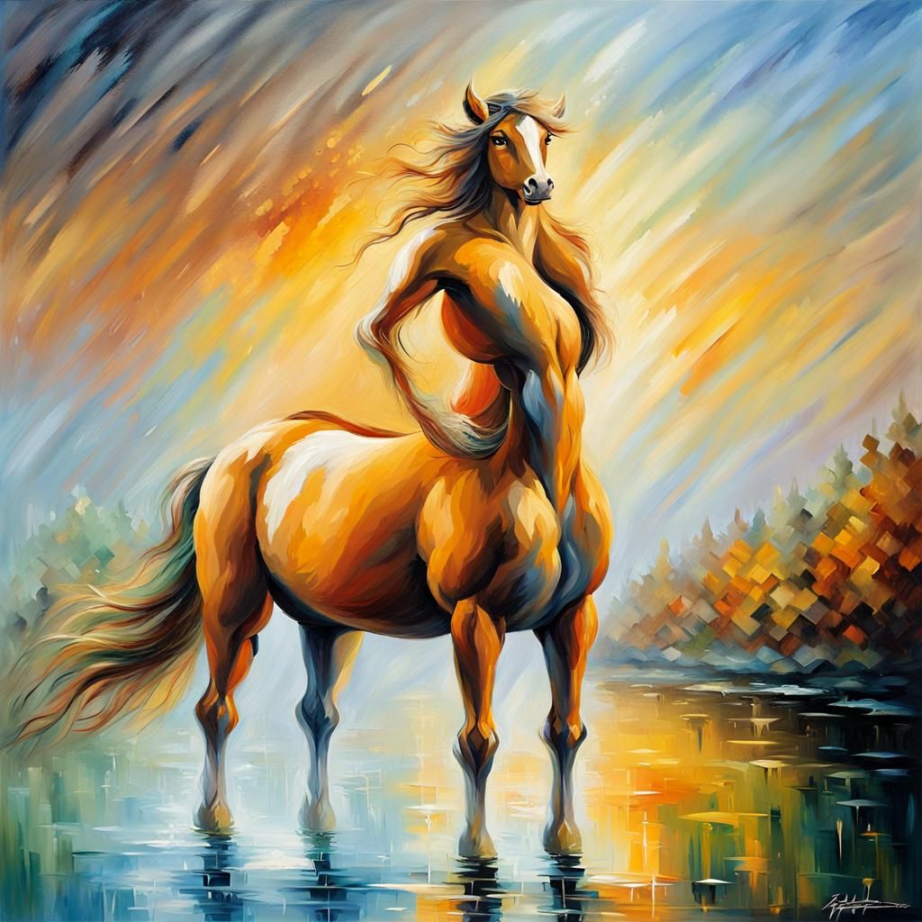 Centaur Trotting Over Misty Bridge in Impressionist Style