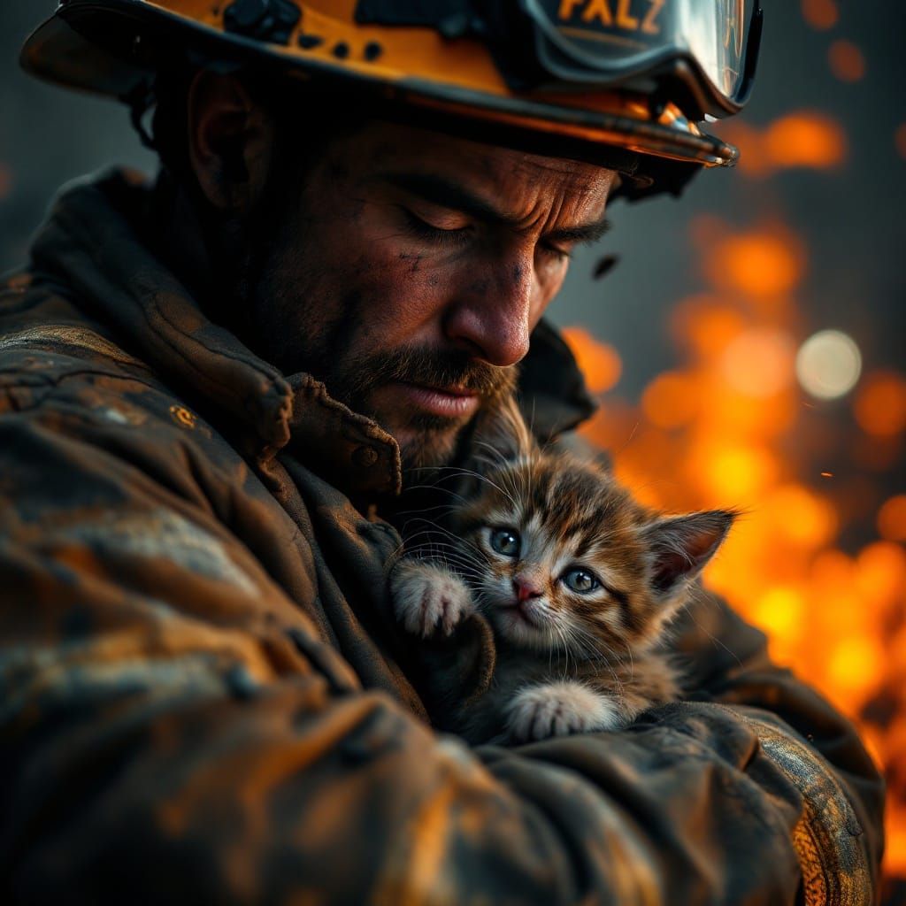 Firefighter Cradles Terrified Kitten Amidst Sooty Chaos