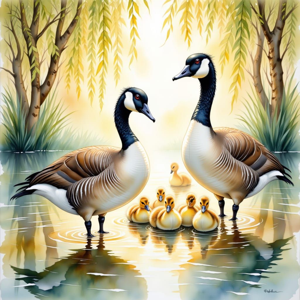 Egyptian Geese with Fluffy Goslings by a Pond