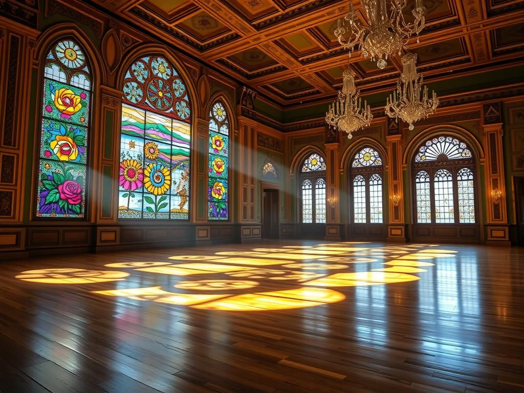 Kaleidoscopic Ballroom with Gothic Stained Glass Window