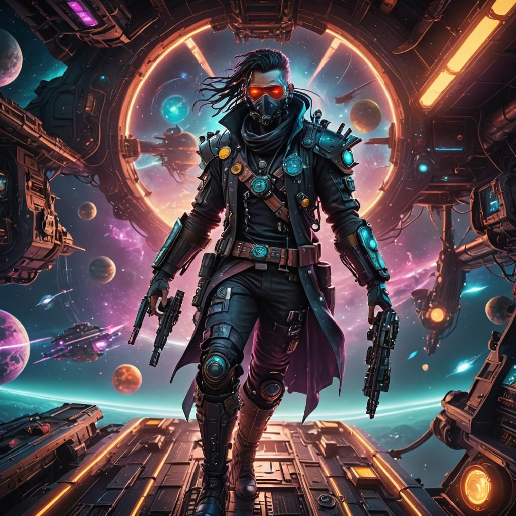 Cyberpunk Space Pirate on a Neon Tech Ship