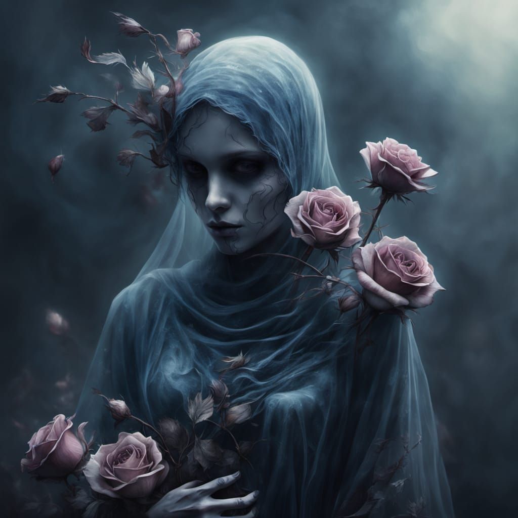 Haunting Ghost with Dead Roses in Surreal Style