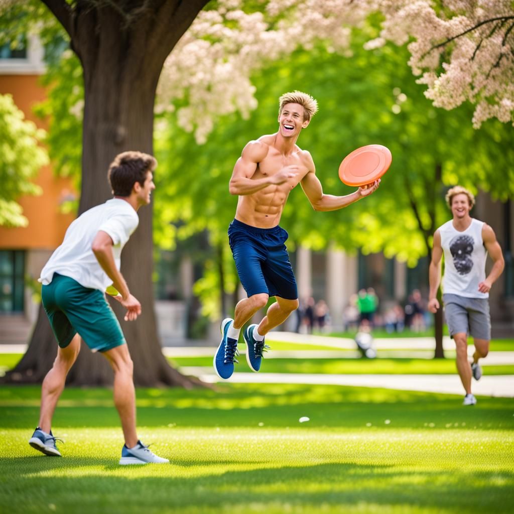 College Students Playing Frisbee on Campus Green