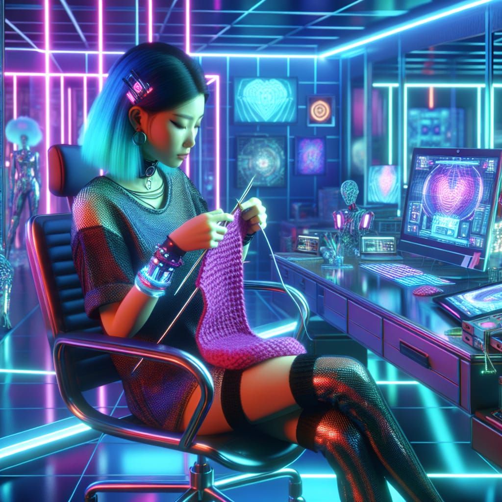 A 3D beautiful woman in a Cyberpunk Disney Pixar style, sitting in a chair in a cyberpunk home office, knitting. The hom...