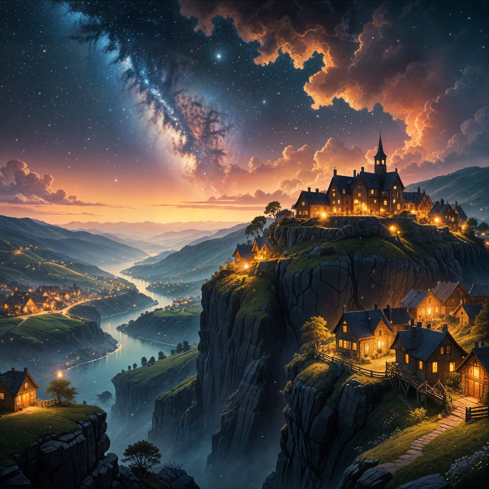 Starry Village Concept Art with Nebula Sky