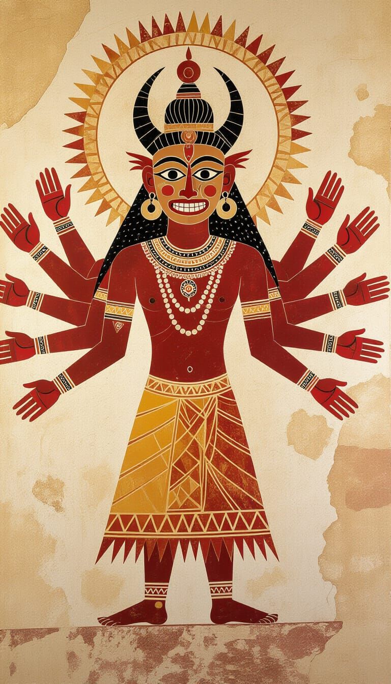Ancient Multi-Armed Deity Cave Painting in Earthy Tones