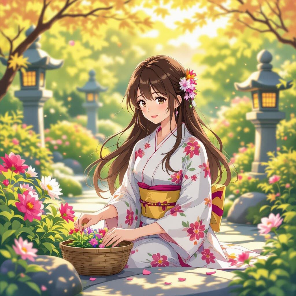 Anime Garden with Woman in Yukata, Watercolor Style