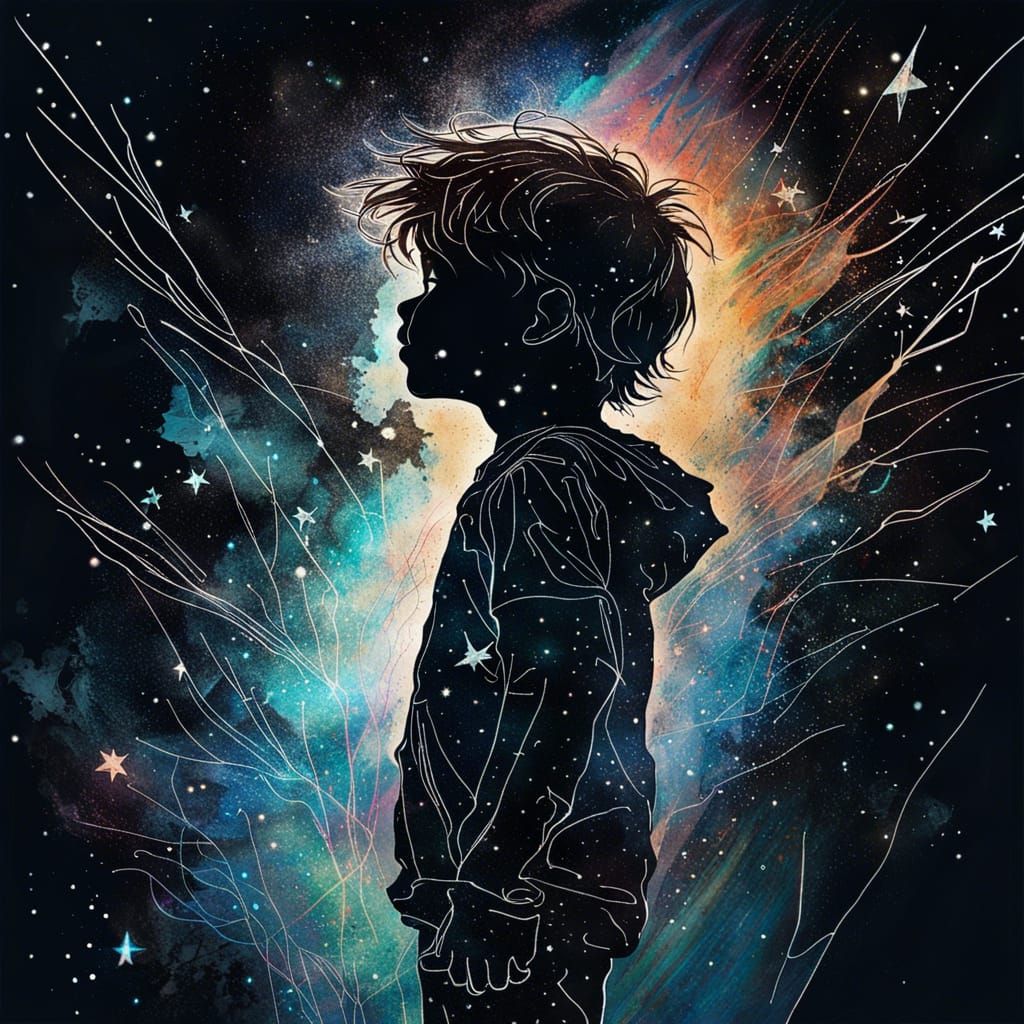 Boy Reaching for Stars in a Fantasy Landscape