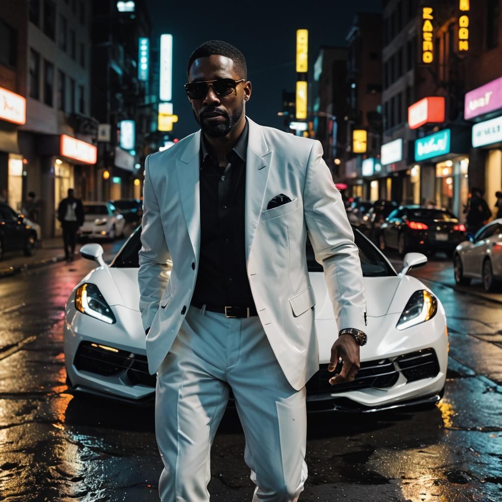 Cinematic Portrait of Man in White Suit Exiting Corvette