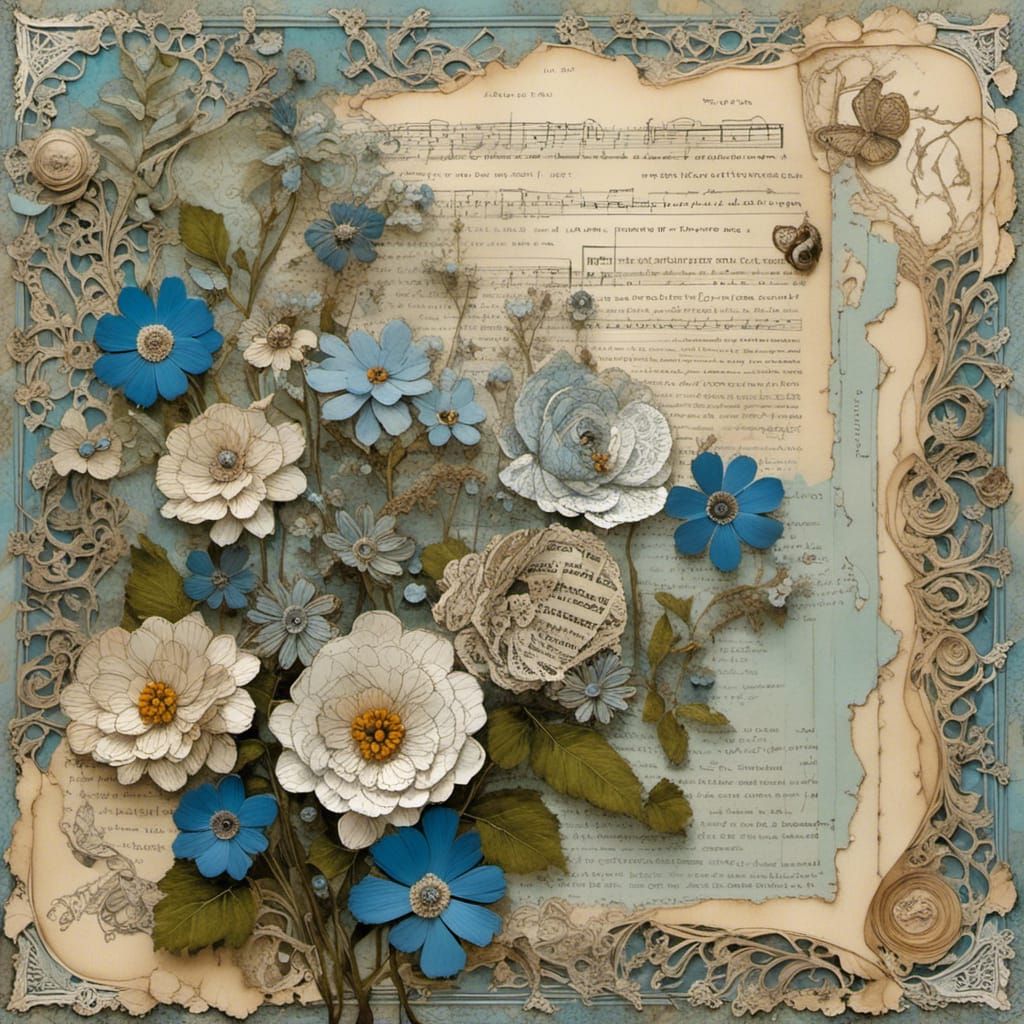 Forget-Me-Not Paper Collage Mixed Media Painting