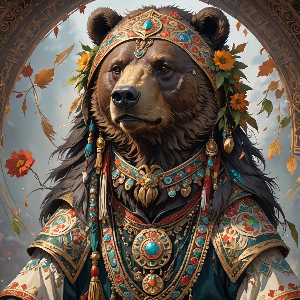 Bear in Bulgarian Folk Costume: Detailed Portrait