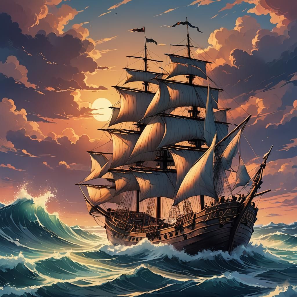Medieval Ship Sailing at Sunset in Anime Style
